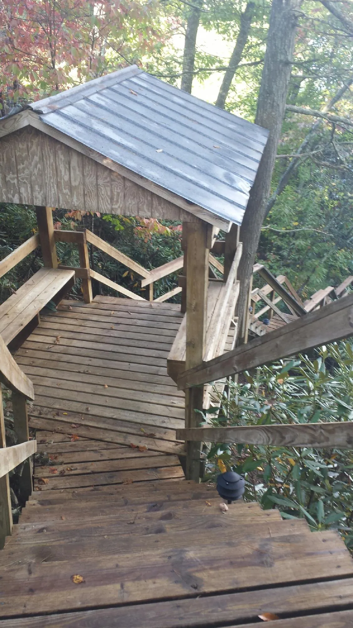 Metal roofed shelter over wooden steps on a wooded walkway — Skylight Repair & Installation work by our crew in Stonyford